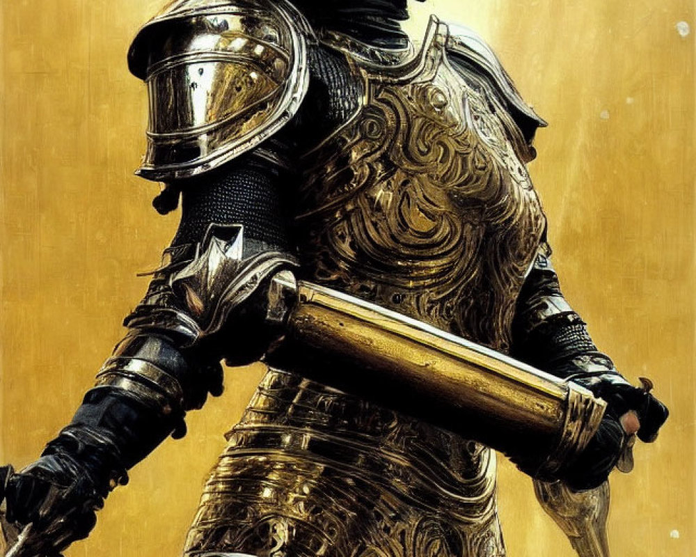 Golden-armored figure with sword and helmet exudes nobility and strength