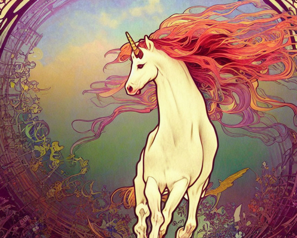 Colorful unicorn illustration in front of Art Nouveau backdrop