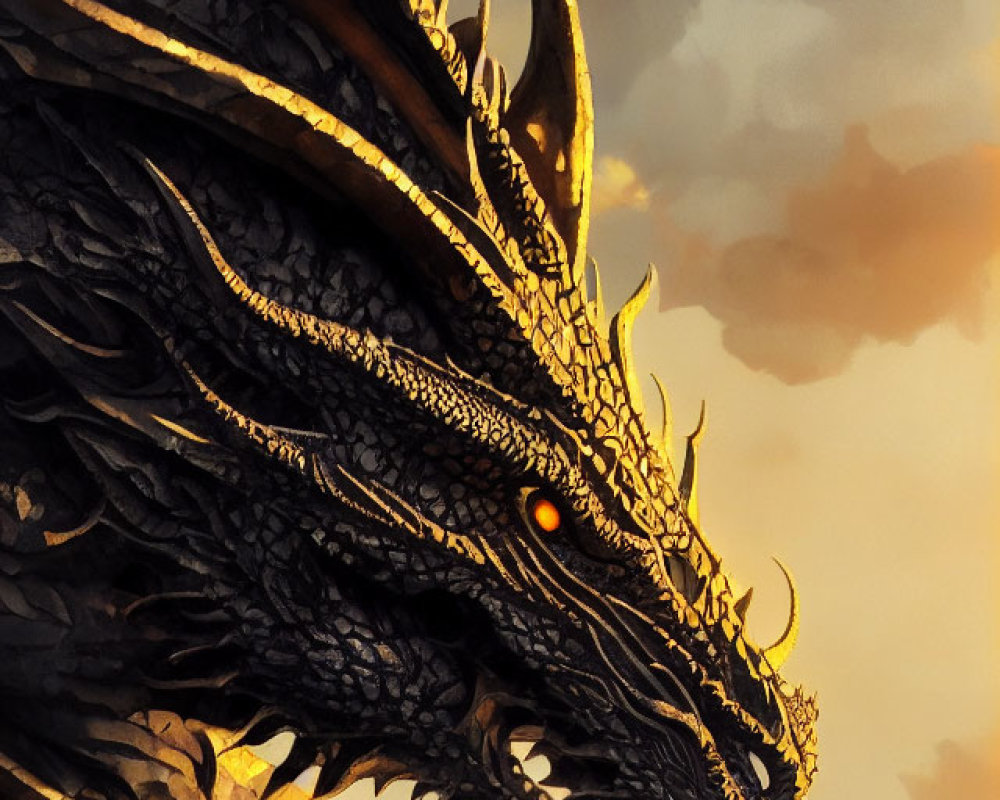 Majestic black dragon with golden highlights and orange eye in cloudy sunset