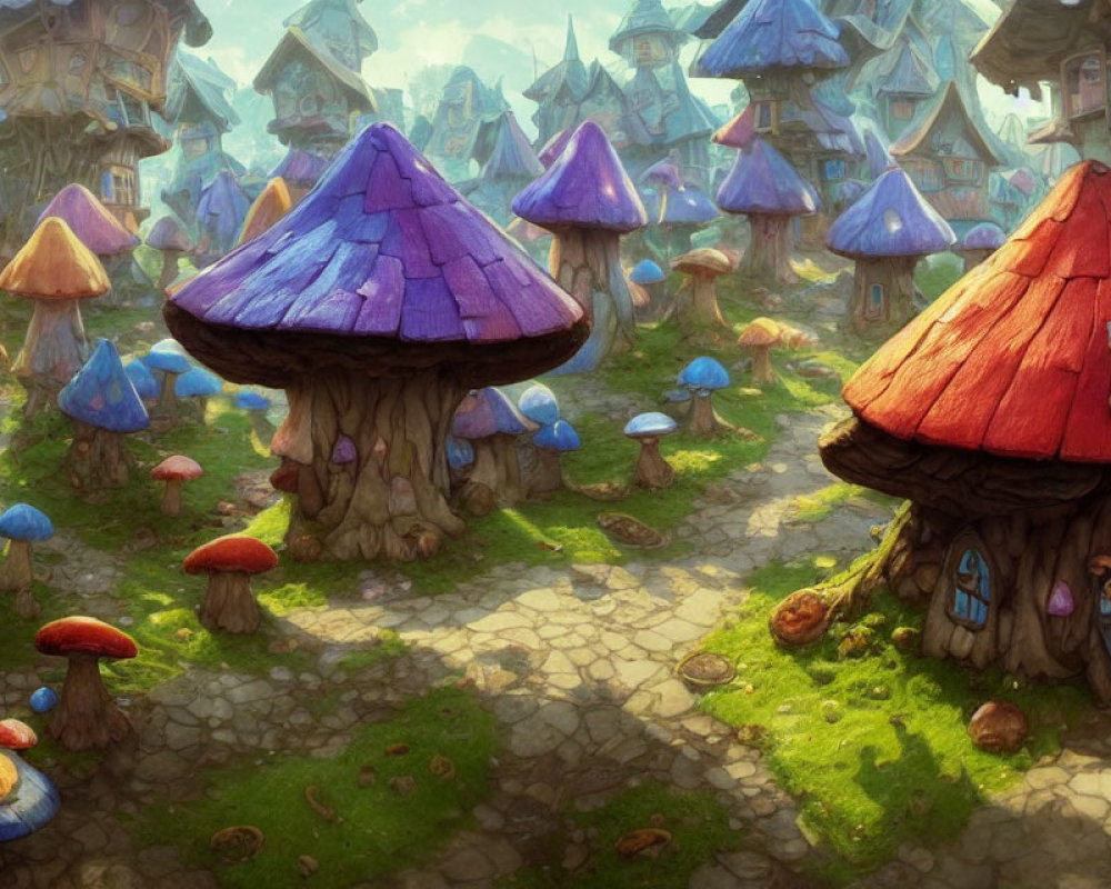 Colorful Mushroom Houses in Whimsical Village Landscape