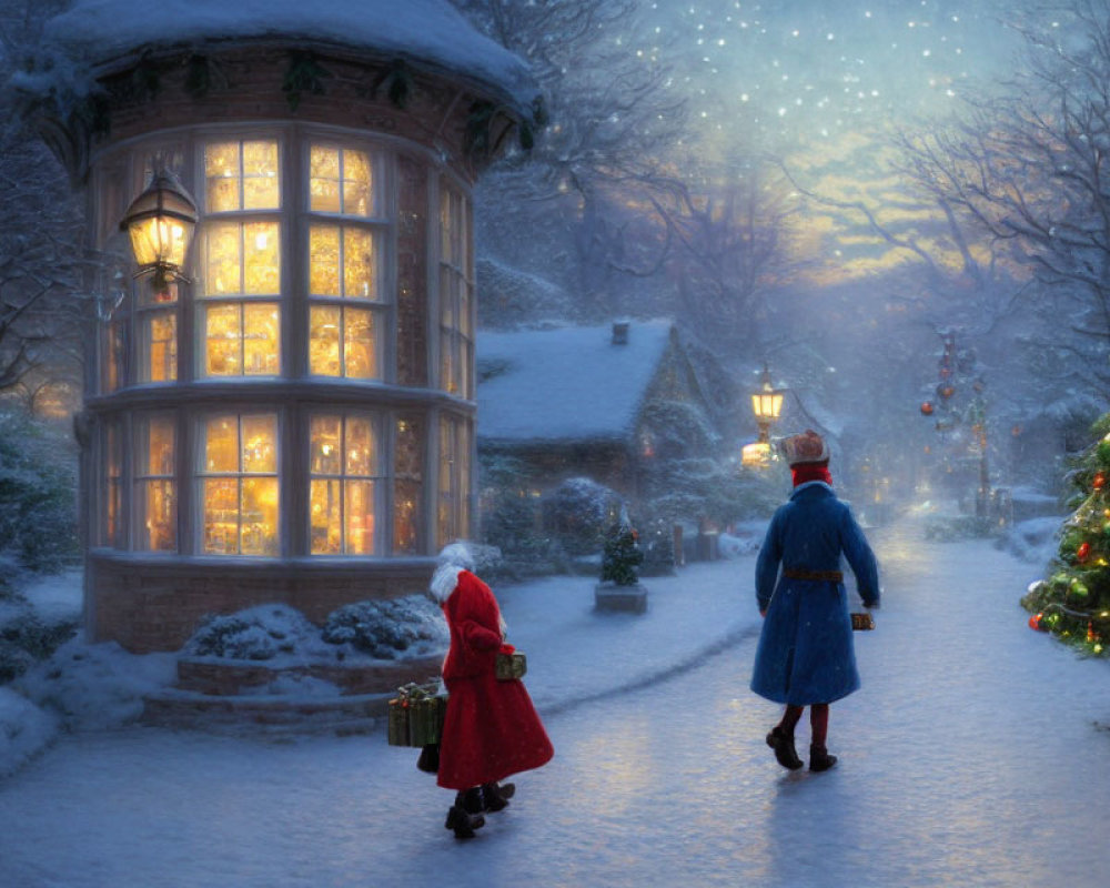 Snowy evening scene: Two people walking to lit gazebo with Christmas tree and houses.