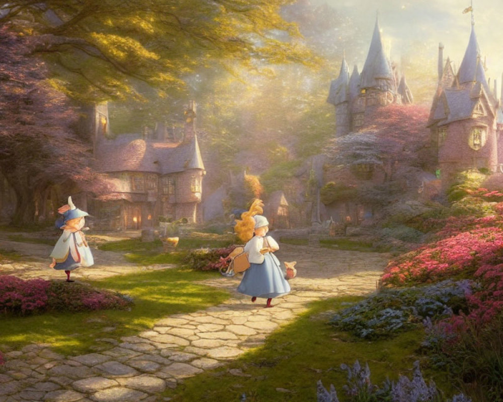 Two animated girls in dresses walking towards a castle in a magical landscape