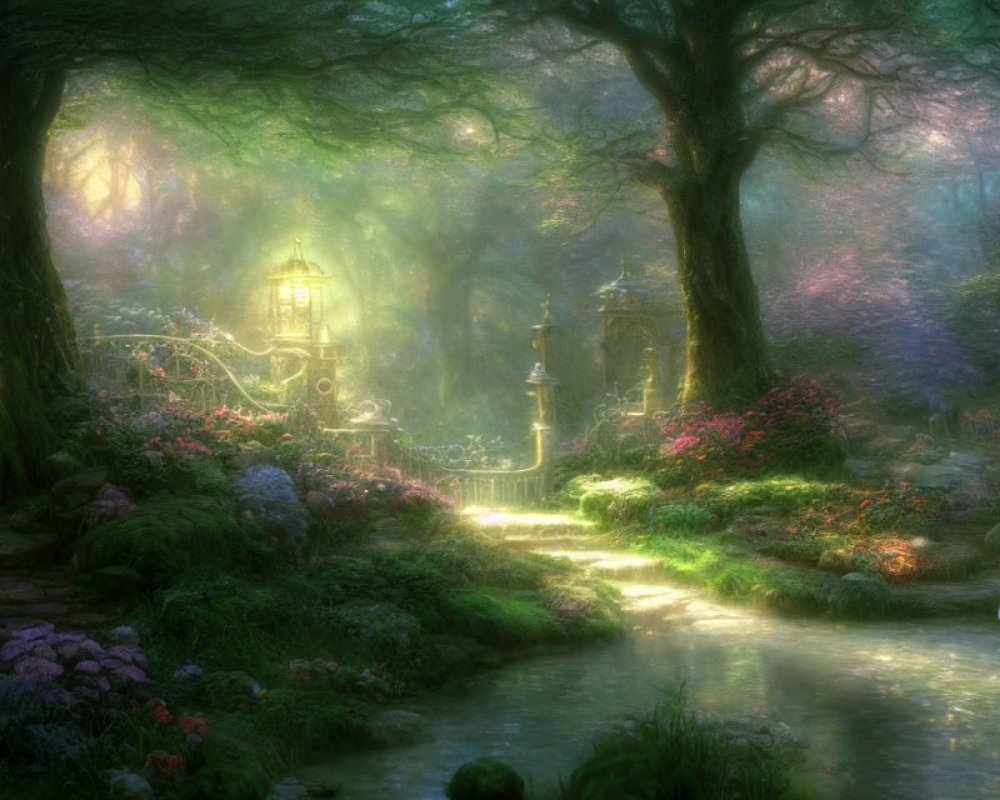 Child in traditional clothing explores mystical forest with colorful flowers and ornate lamps