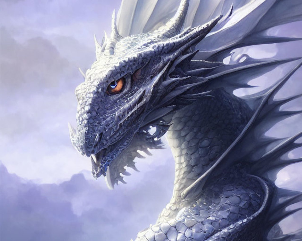 Majestic blue dragon with orange eyes and sharp horns on misty purple backdrop