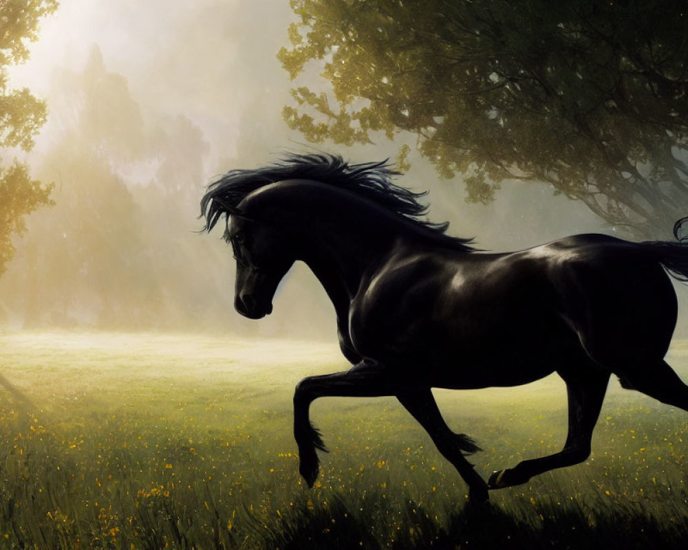 Majestic black horse galloping in sunlit meadow with mist and trees