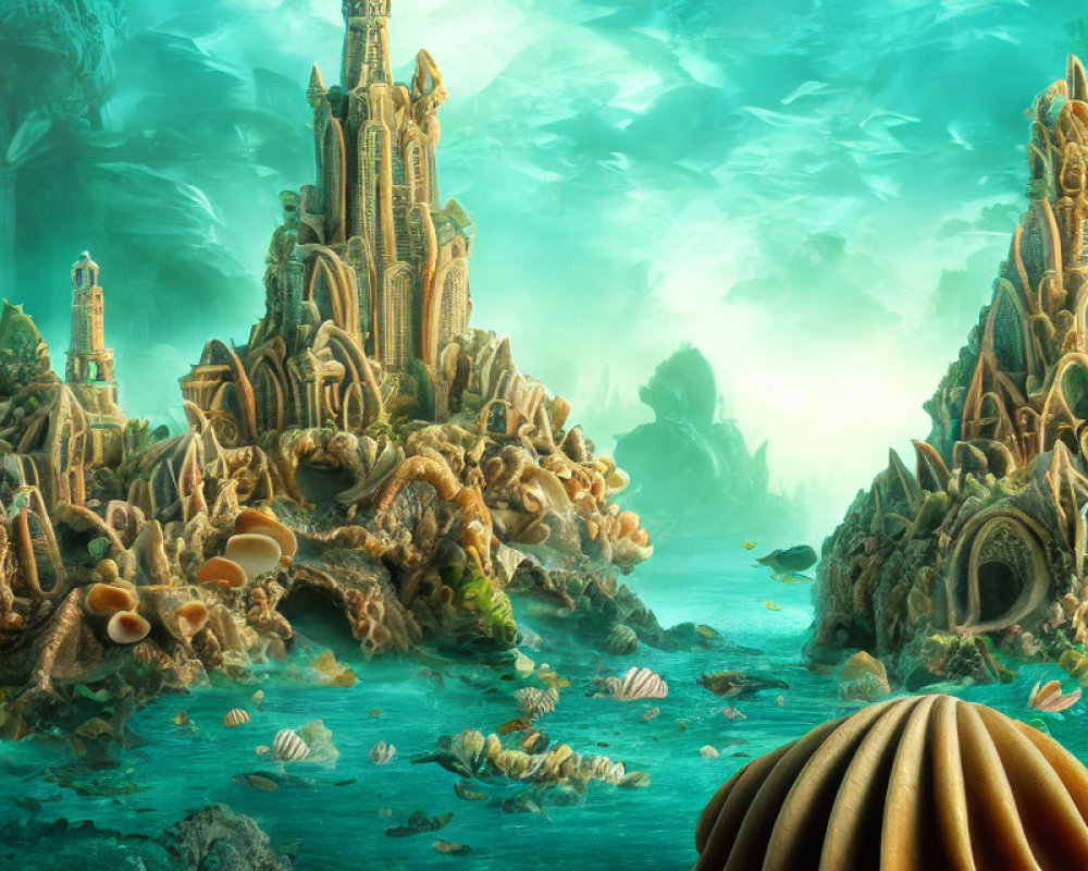 Underwater fantasy landscape with coral buildings and marine life in greenish-blue water