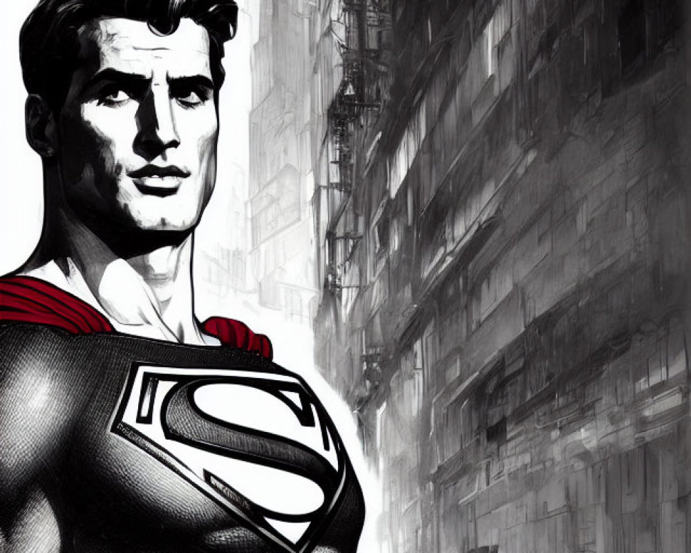 Superman black-and-white illustration with S-shield in cityscape