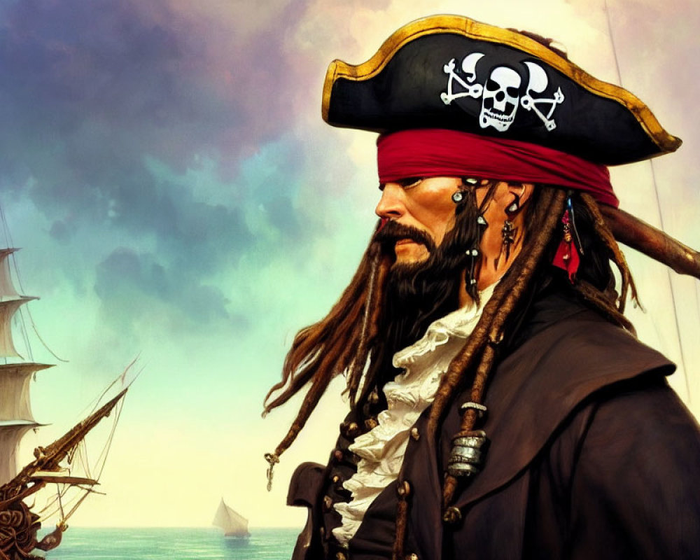 Pirate illustration with black hat, skull design, dreadlocks, ships, cloudy sky