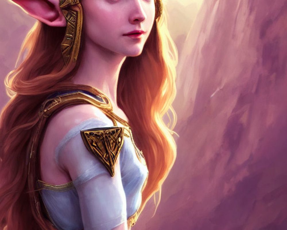 Elven princess in golden crown and armor with blue eyes on purple backdrop