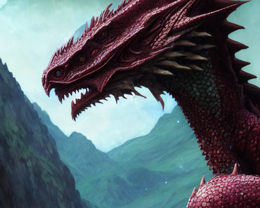 Red dragon perched on mountain with valley and cloudy sky