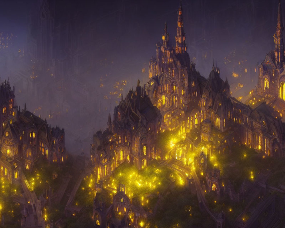 Mystical city with glowing golden lights and ancient gothic architecture at night