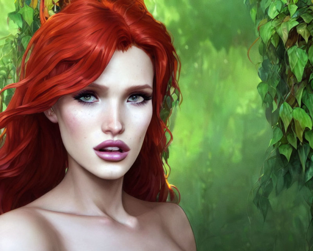 Digital artwork featuring woman with red hair and blue eyes in lush green foliage