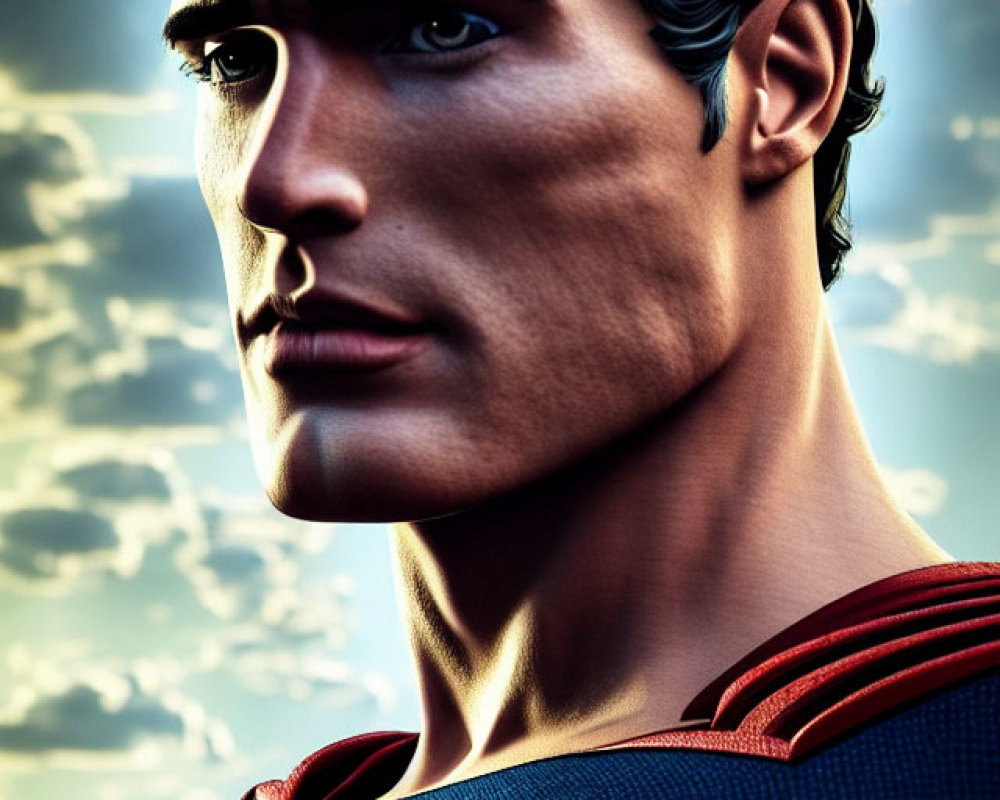 Detailed superhero illustration with red cape and iconic logo on chest, set against dramatic sky.