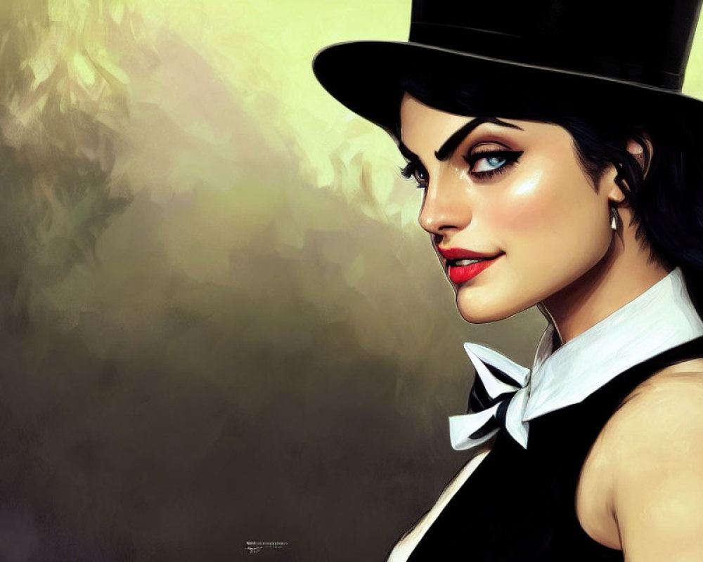 Portrait of woman in top hat with dark hair and blue eyes