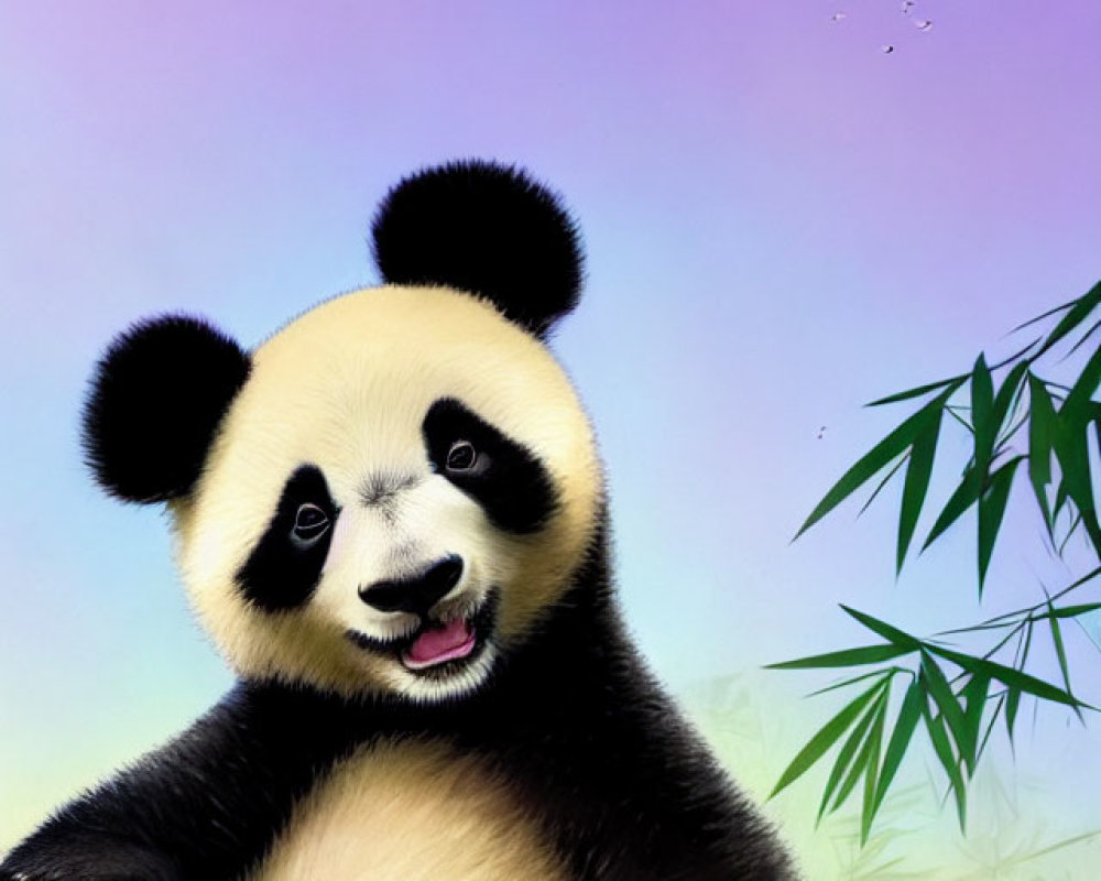 Cheerful panda with bamboo under gradient sky