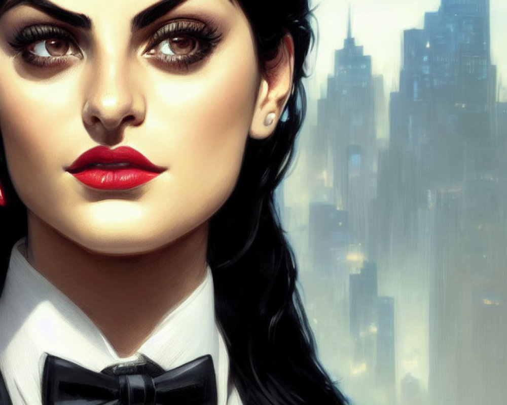 Dark-haired woman in bold makeup, black suit, and bow tie against city skyline