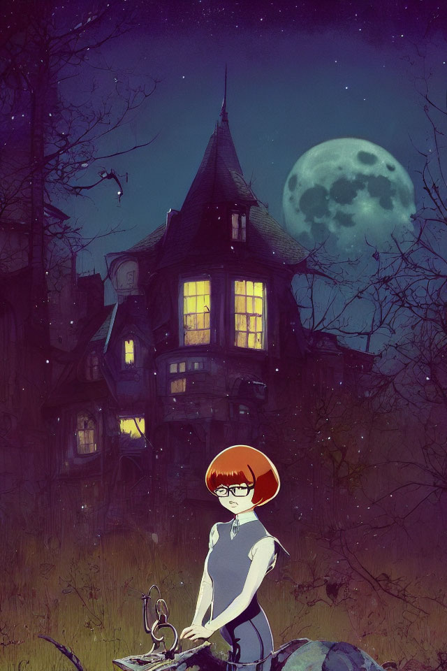 Illustration of red-haired girl with glasses and creature in front of spooky house under full moon