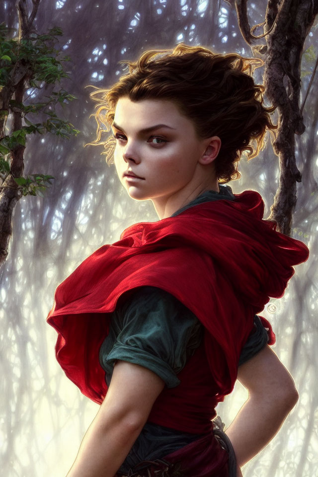 Digital artwork: Young woman in red cloak and green tunic in forest