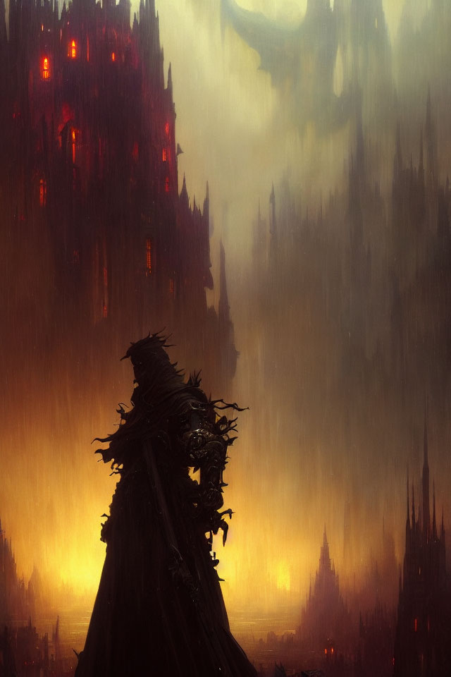 Mysterious cloaked figure in front of fiery landscape with dark spires