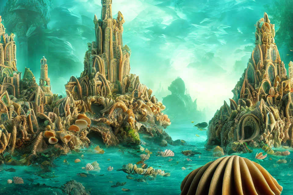 Underwater fantasy landscape with coral buildings and marine life in greenish-blue water