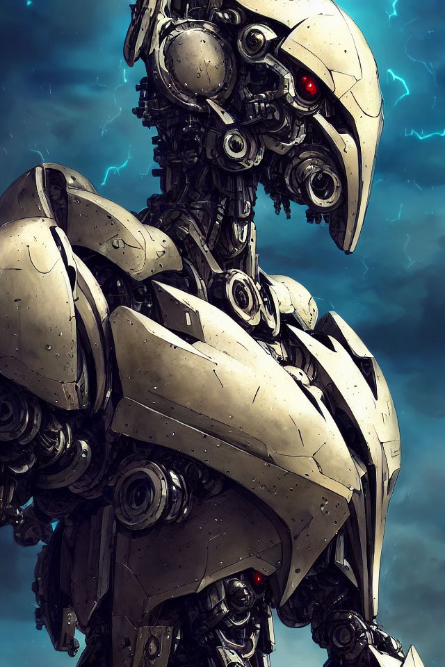 Detailed Mechanical Robot with Red Eye in Stormy Sky