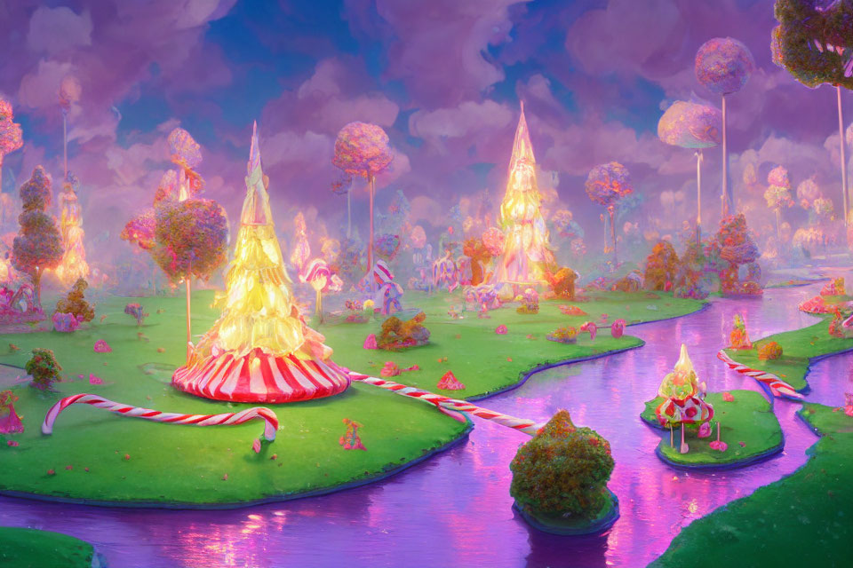 Colorful Candy-Themed Landscape with Glowing Tents and Rivers