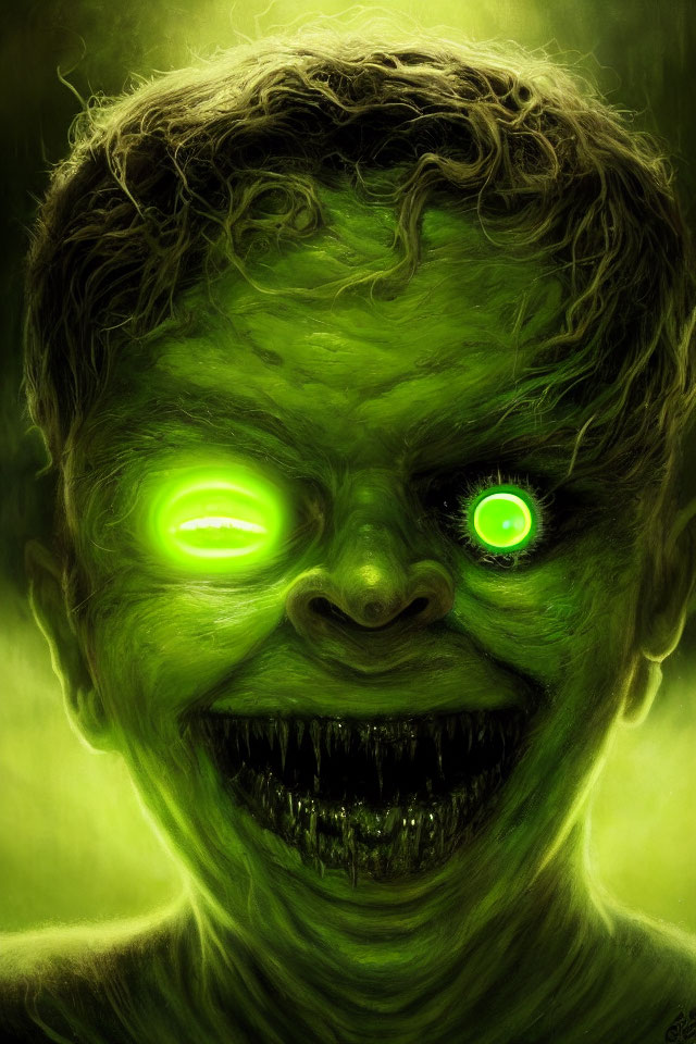 Sinister creature with glowing green eyes and monstrous grin on misty green background