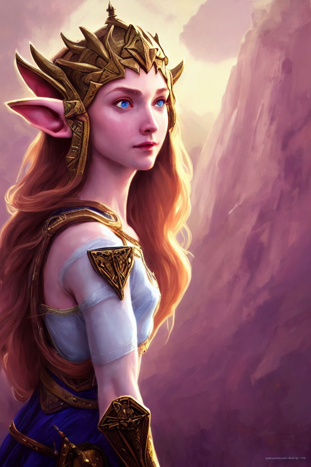 Elven princess in golden crown and armor with blue eyes on purple backdrop