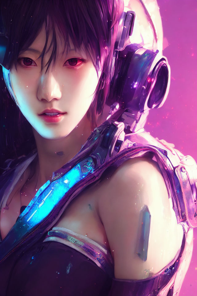 Female character with black hair and red eyes in futuristic purple armor on pink background