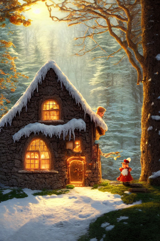 Stone cottage in serene forest with snow-covered roof, child, and snowman