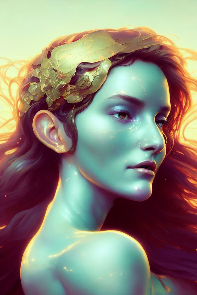 Digital artwork: Woman with flowing hair and leafy headpiece, warm hues, surreal quality