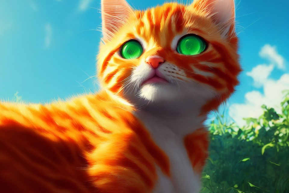 Orange Tabby Cat with Green Eyes Against Blue Sky and Clouds