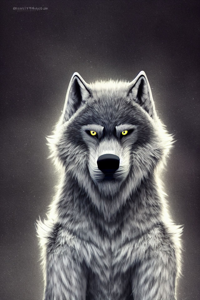 Grey Wolf Digital Illustration with Yellow Eyes on Dark Background