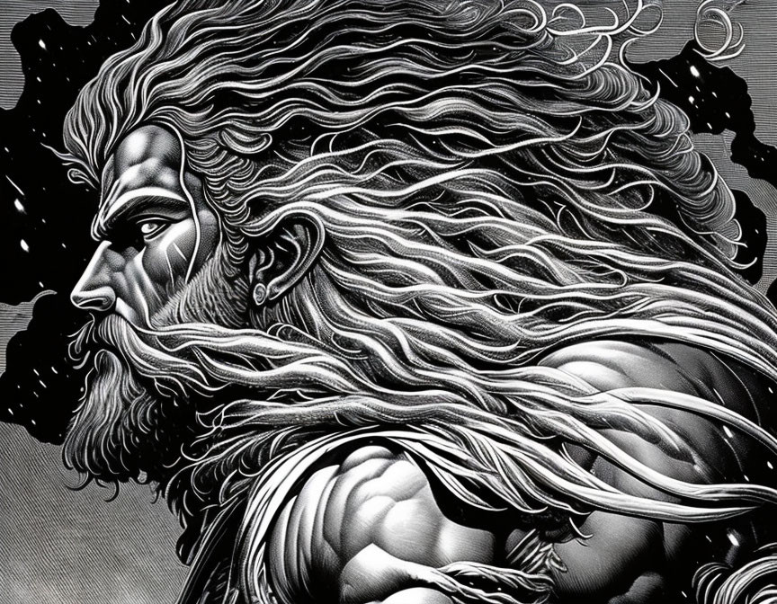 Muscular bearded man with flowing hair in monochromatic illustration