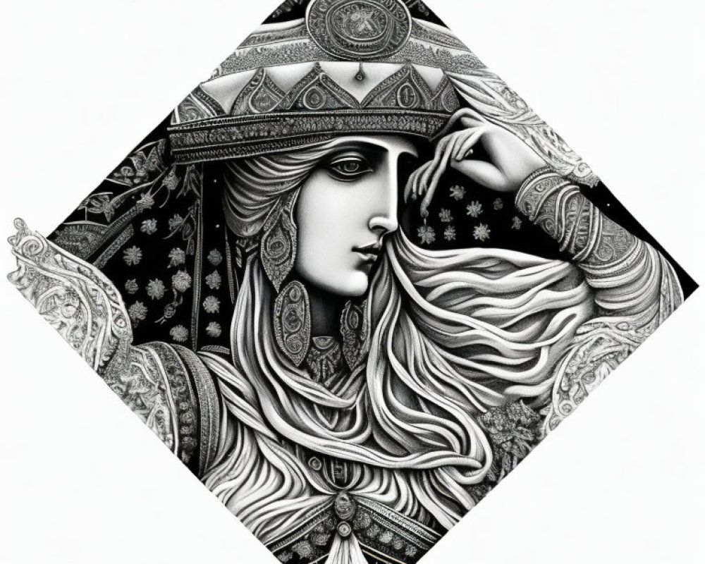 Detailed black and white woman illustration with intricate headgear and ornate hair in diamond shape.