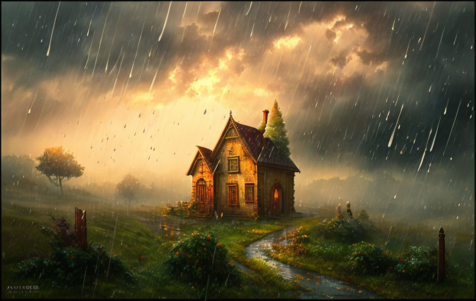 Cozy house with lit windows in stormy landscape