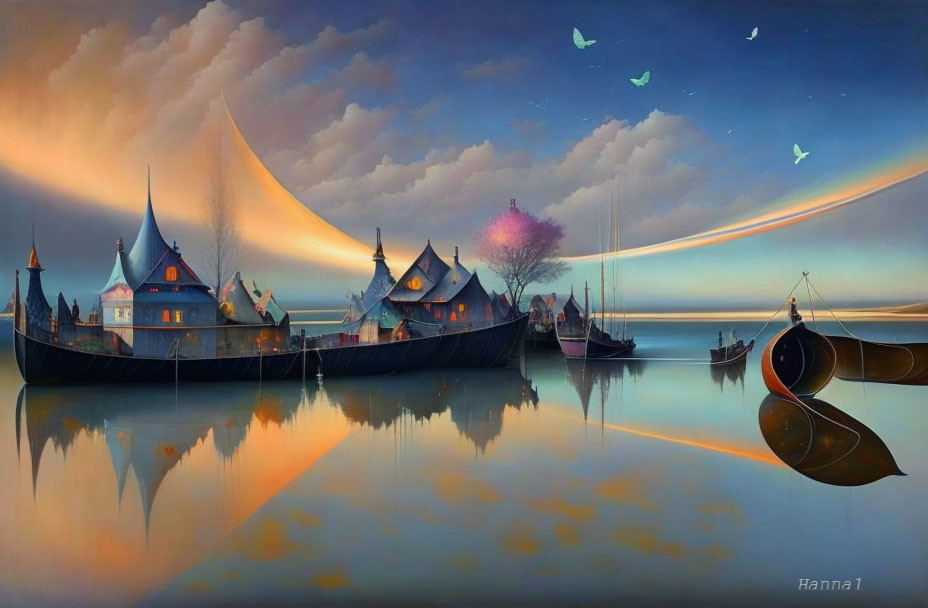 Whimsical fantasy landscape with curved landforms, reflective water, boats, birds, and vibrant sunset