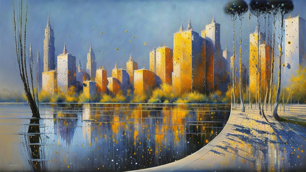 Cityscape painting at dusk: skyscrapers, calm water, footpath, autumn trees, star