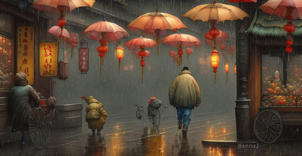 Rainy street scene with red lanterns, umbrella-clad pedestrians, bicycle, and fruit stand