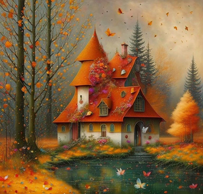 Enchanting autumn scene with orange-roofed cottage and colorful trees