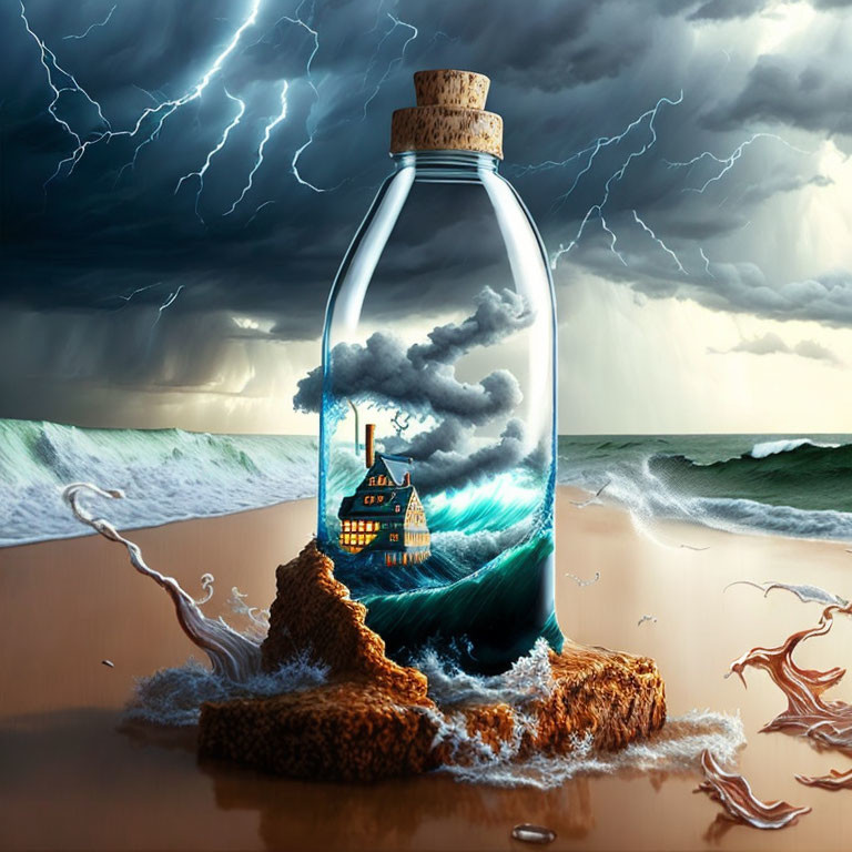 Stormy seascape with ship in bottle on rocks under lightning sky