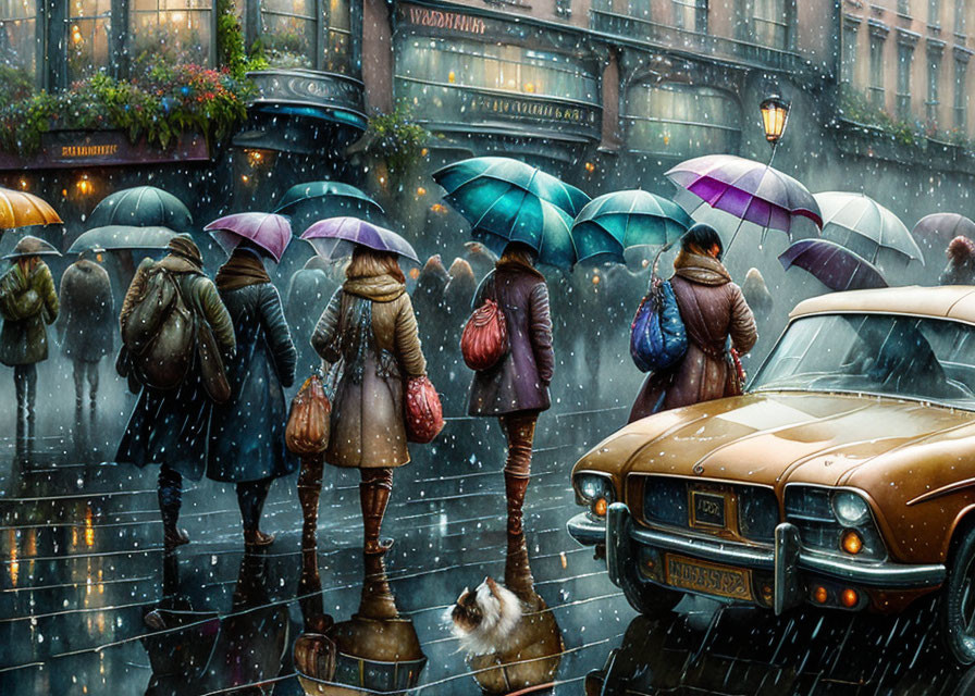 Colorful Umbrellas, Rainy City Street, Classic Car & Dog Watching