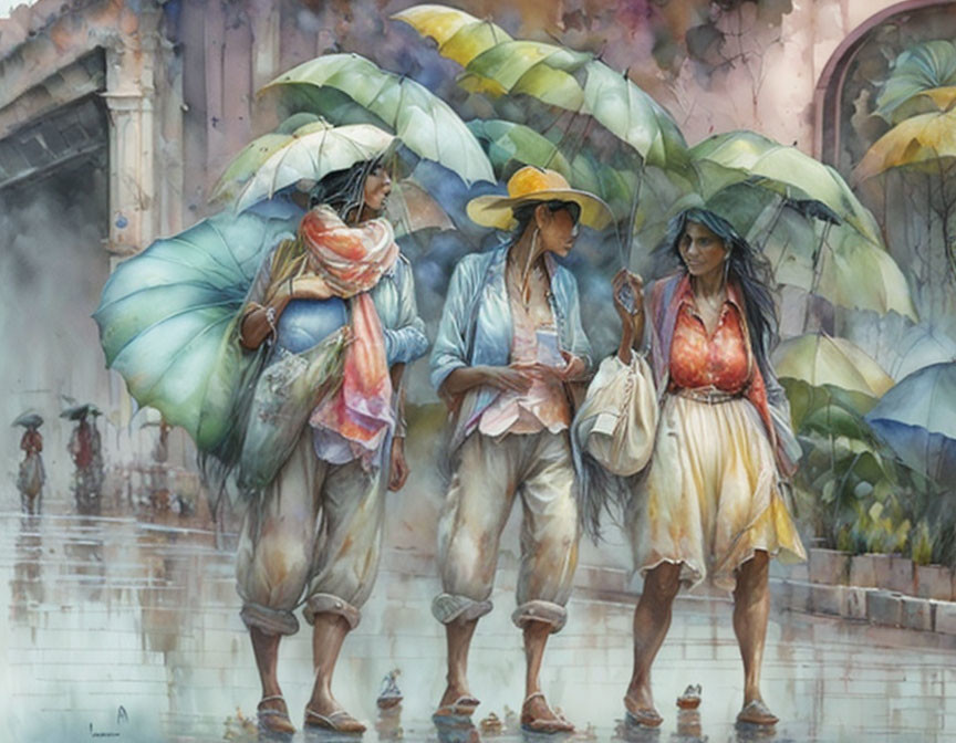 Three people with umbrellas walking in rain, reflected on wet ground in town square.