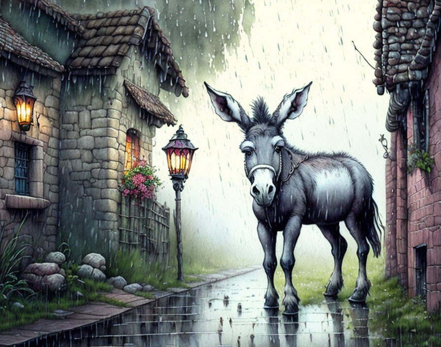 Donkey on wet cobblestone path in quaint village rain shower