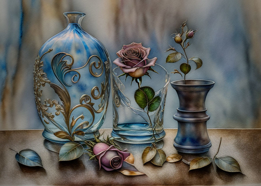 Blue and Gold Vase with Roses on Reflective Surface