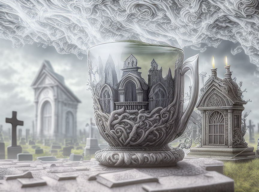 Translucent cup with gothic architecture in surreal cemetery scene