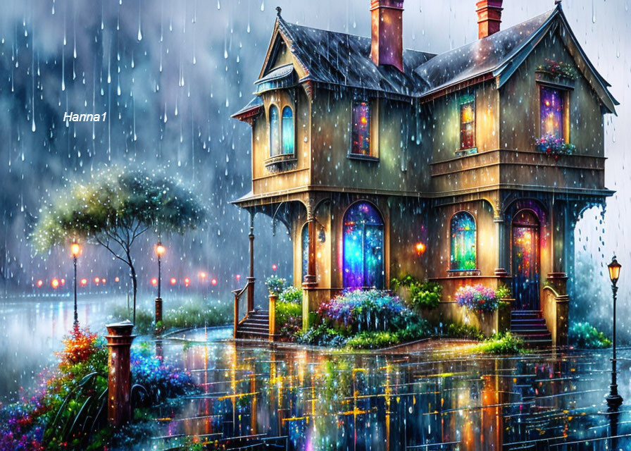 Victorian house with warm lights on rainy evening in vibrant setting