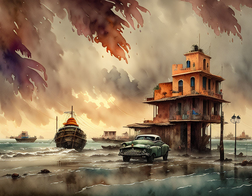 Apocalyptic scene with decaying lighthouse, submerged car, derelict ships, and ominous shadows