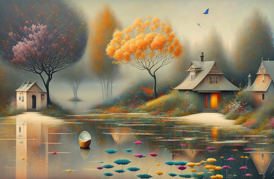 Colorful autumn landscape with reflective water and quaint houses