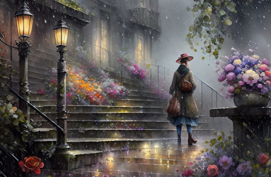 Person in hat and coat climbs flower-lined staircase in rainy twilight scene